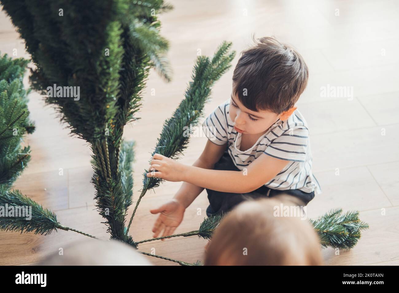 Beau petit garçon assemblant l'arbre de Noël dans la salle de séjour. Tradition familiale de Noël, artisanat de Noël. Étape de développement et éducation de l'enfant. Banque D'Images