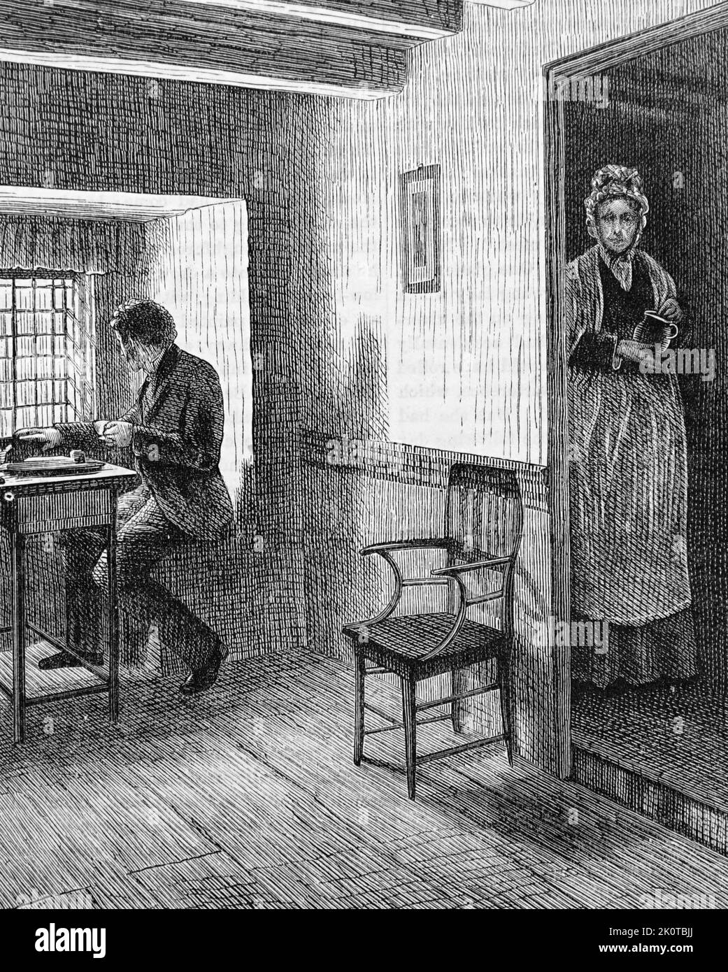 Illustration représentant un homme dans un logement de pays. Daté du 19th siècle Banque D'Images