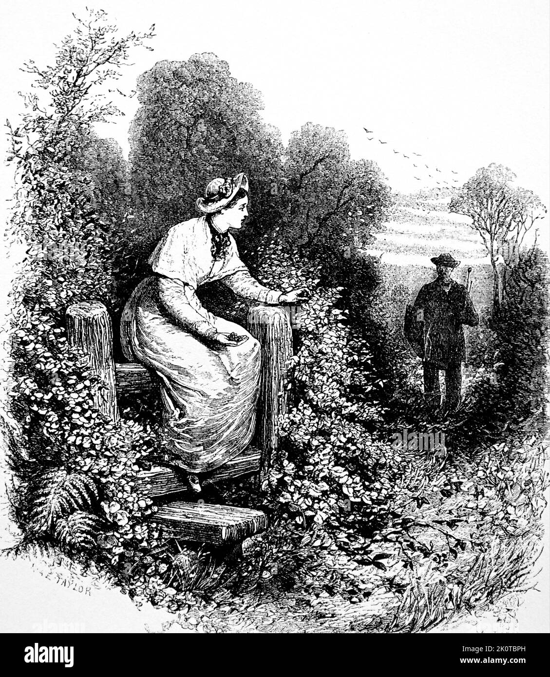 Illustration représentant une fille assise sur un stile, en attente de son amant. Daté du 19th siècle Banque D'Images