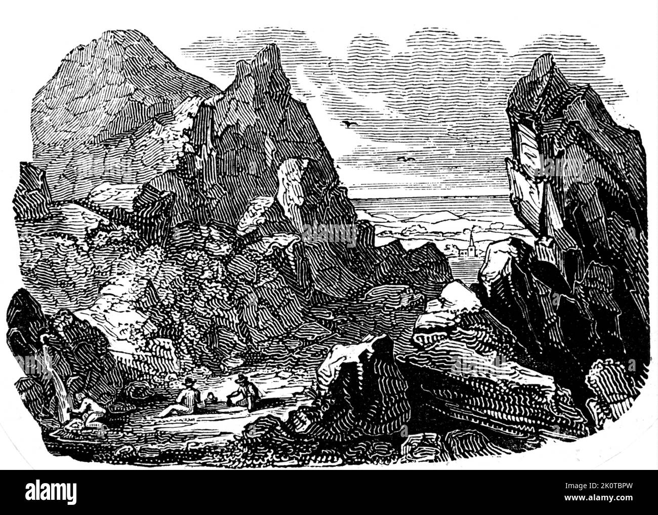 Illustration représentant les voyageurs à pied se reposant sur leur voyage. Daté du 19th siècle Banque D'Images