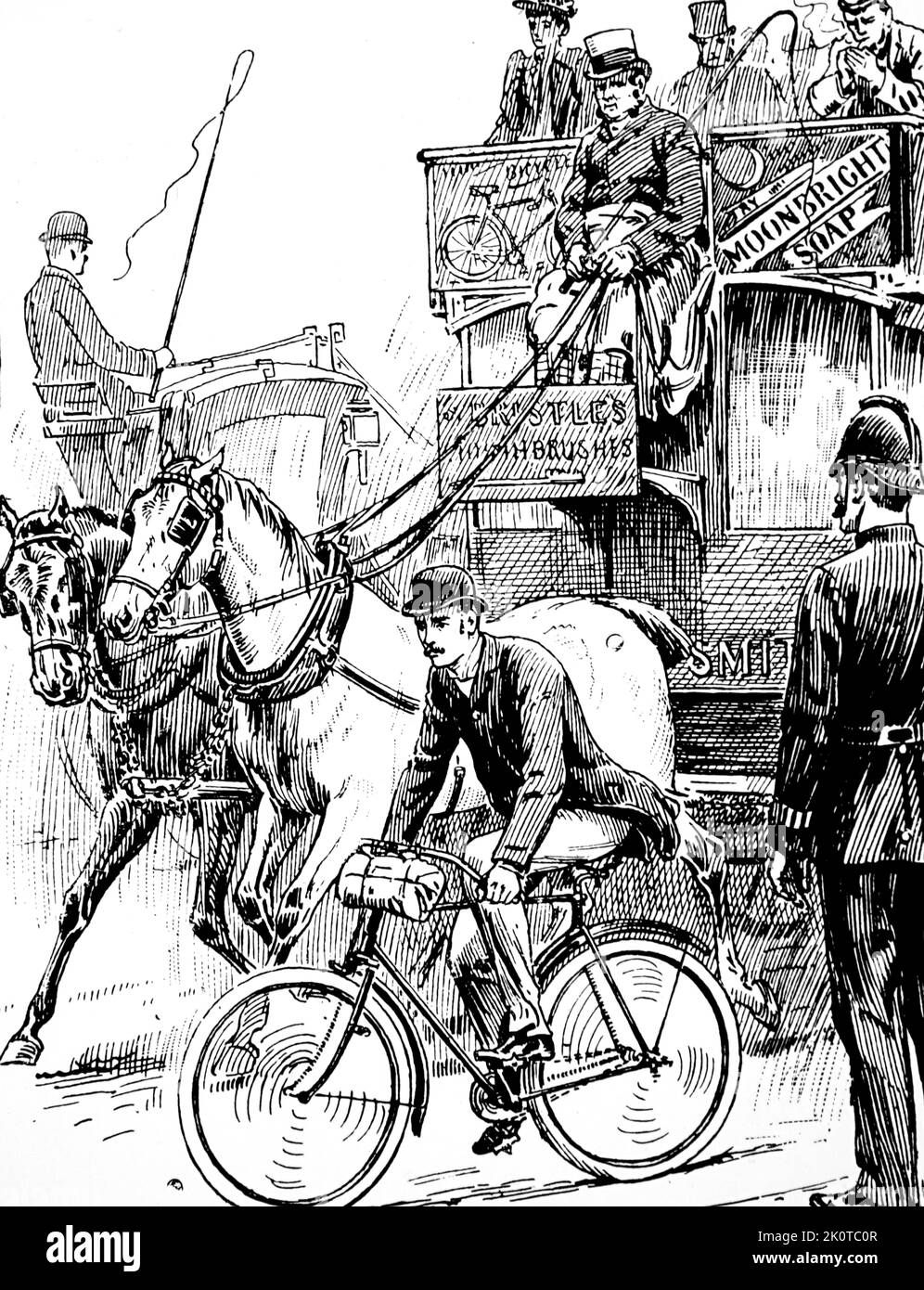 Illustration représentant un cycliste dans un trafic londonien très fréquenté. L'homme roule sur une machine de type sécurité Rover. Illustré par Stephen Thomas Dadd (1879-1914) un artiste anglais. Daté du 19th siècle Banque D'Images