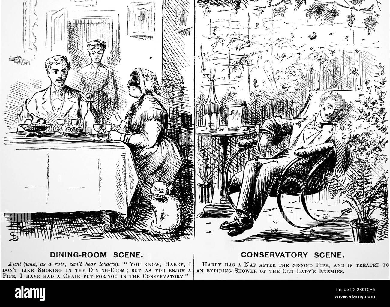 Poinçon représentant un couple à une table de dîner comme un serviteur regarde sur et un homme se détendant en serre. 1868 Banque D'Images