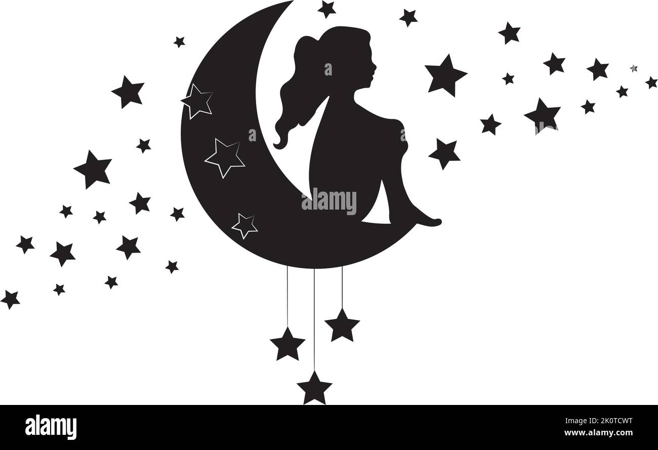Fille sur une lune avec des étoiles isolées sur fond blanc, vecteur. Silhouette de fille assise sur une lune. Décalcomanies murales minimalistes, design artistique, œuvres d'art. Noir Illustration de Vecteur