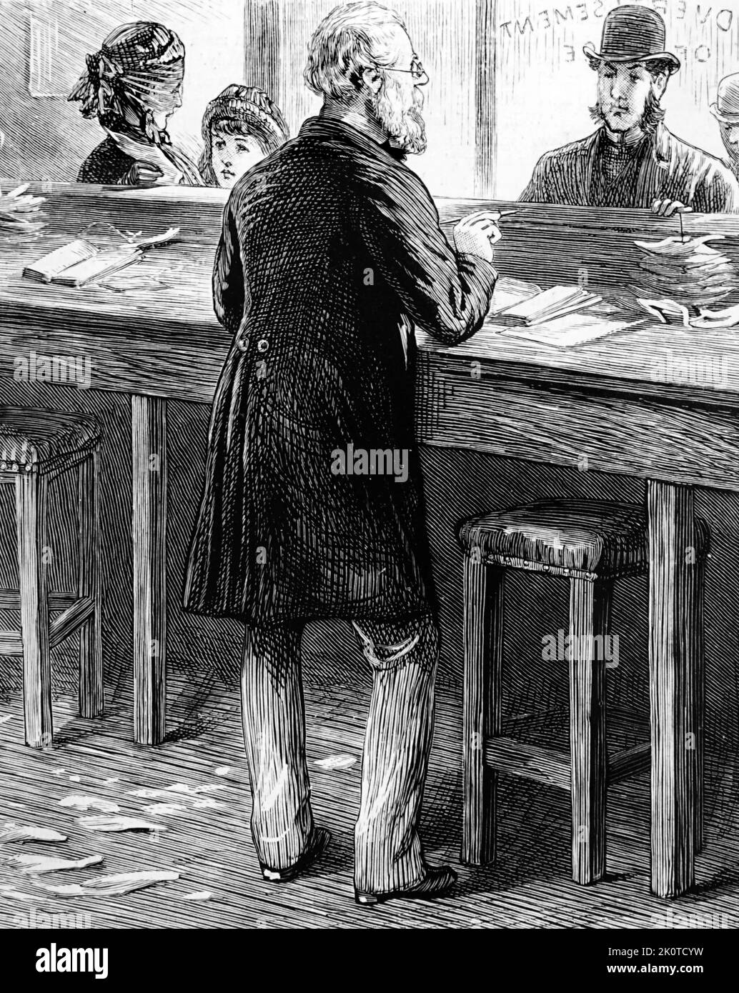 Homme plaçant une publicité dans la section personnelle d'un journal 1882 Banque D'Images