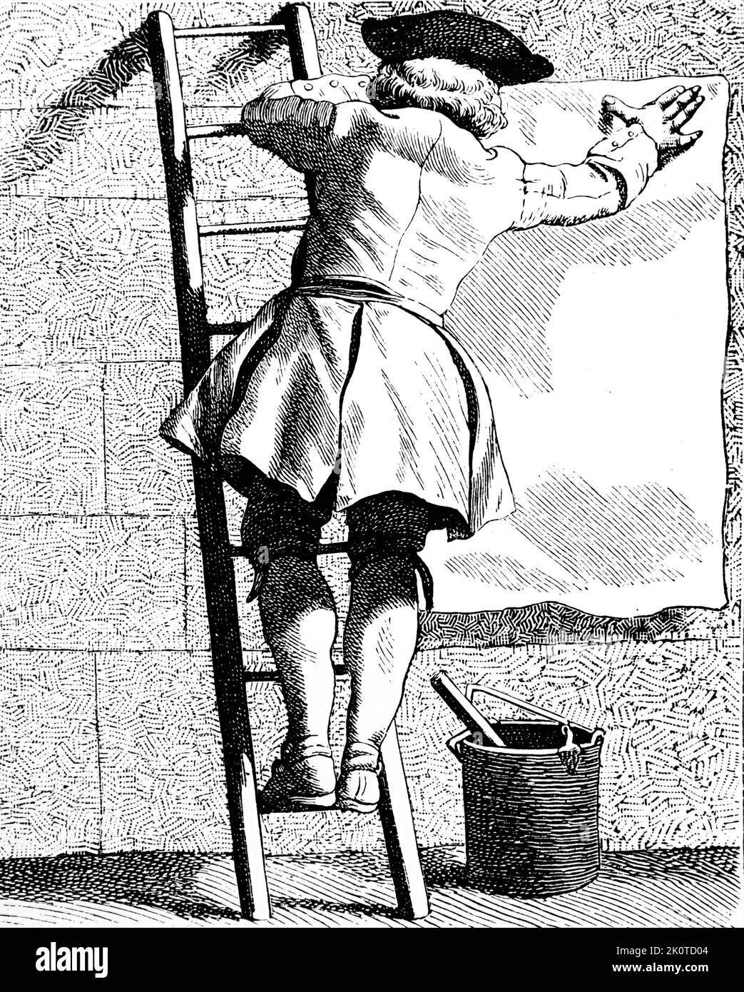 Gravure d'après l'artiste français Boucardon représentant un Bill Poster plaçant une affiche publicitaire ou un bulletin sur un mur de Paris. 18th siècle 1740 Banque D'Images