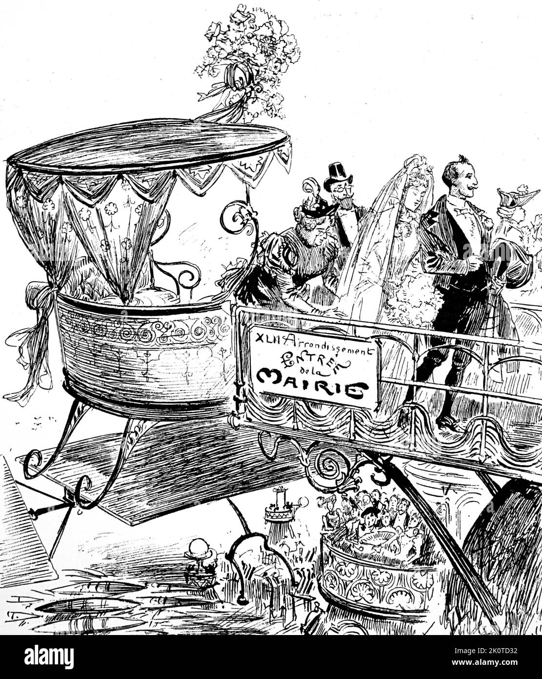 Dessin futuriste montrant une plate-forme d'atterrissage d'hôtel pour monter à bord d'un taxi aérien. De Robida, le Vingtieme Siecle, Paris 1883 ; Banque D'Images