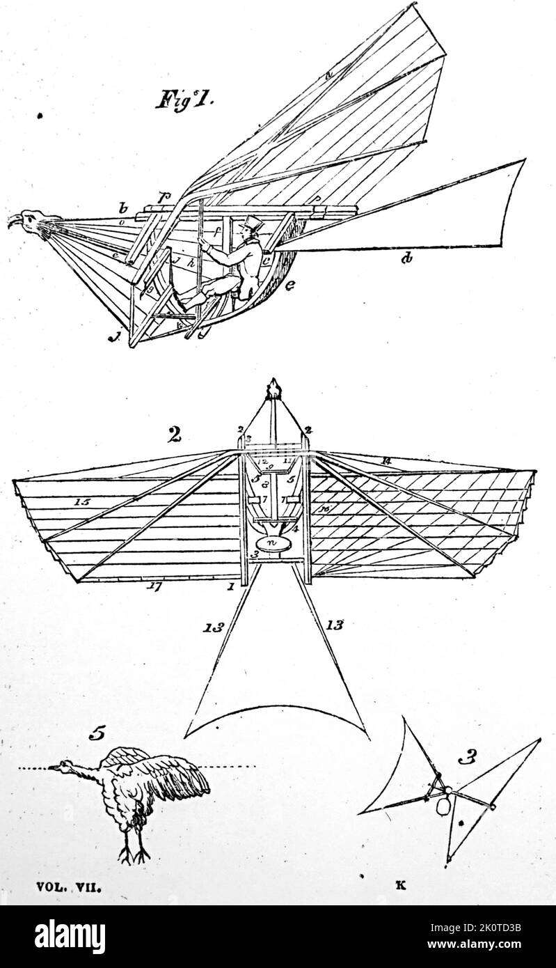 La voiture volante de Walker, et son dessin de l'attitude du Condor quand il se lève avec sa proie, quand il aurait besoin de levage maximum. Du Mechanics' Magazine, Londres, 1877 Banque D'Images