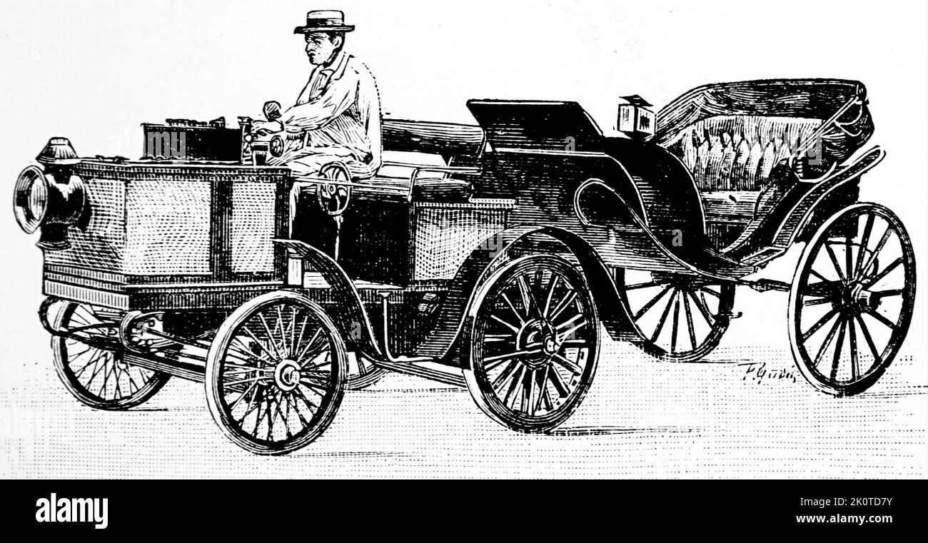 Voiture à vapeur de Dion-Bouton 1895. De Dion-Bouton était un fabricant français d'automobiles et de wagons opérant de 1883 à 1932. La société a été fondée par le marquis Jules-Albert de Dion, Georges Bouton et le beau-frère de Bouton, Charles Trépardoux. Banque D'Images