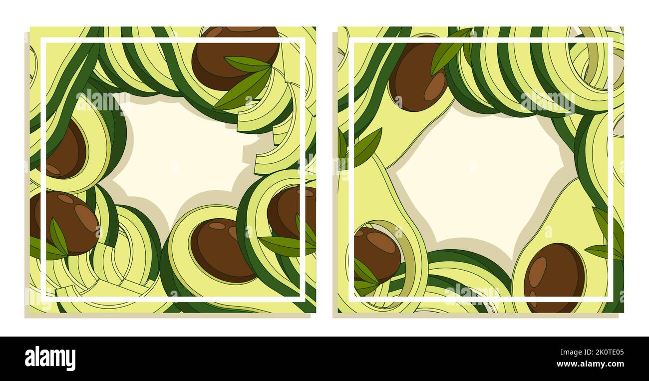 Cartes carrées de fête avec ensemble de découpe Avocado. Quartiers et tranches d'avocat, coupés en deux et finement tranchés pour salades et en-cas. Vecteur de dessin animé en ligne fine Illustration de Vecteur