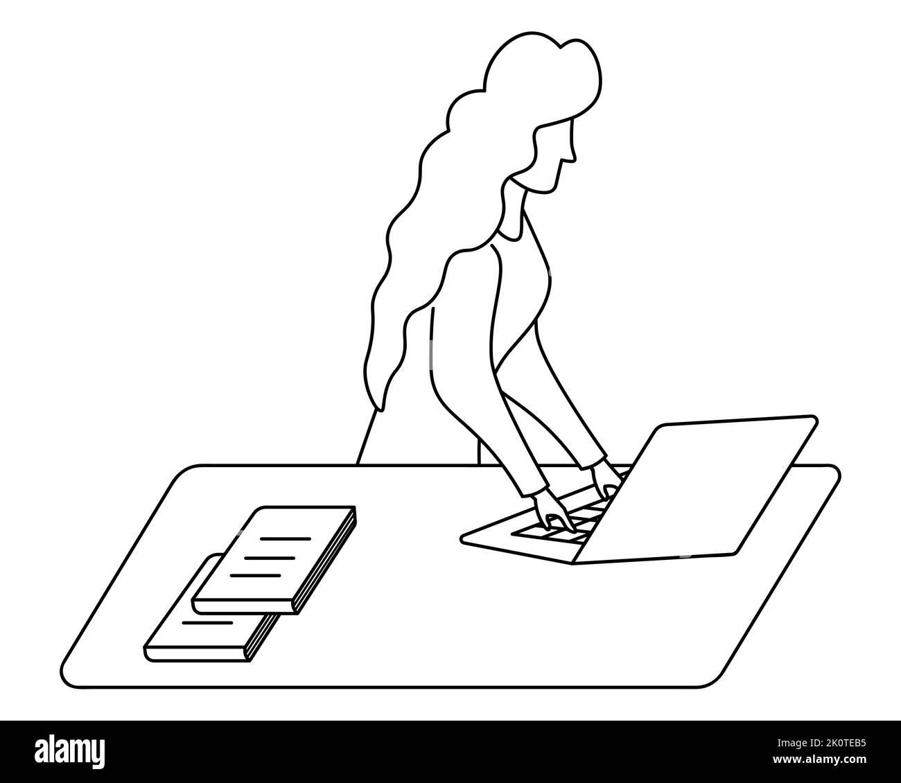 Femme d'affaires travaille sur un ordinateur portable. Esquisse. Illustration vectorielle. L'étudiant s'approche de la table sur laquelle se trouvent les livres. Cheveux longs boucles. Illustration de Vecteur