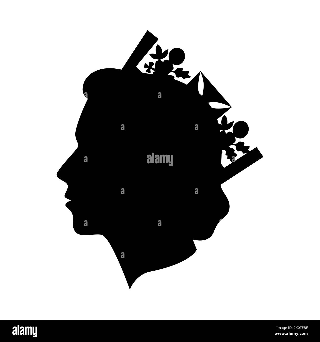 Reine Elizabeth. Femme vue latérale tête. Lady dans la silhouette noire de la couronne. Portrait minimaliste simple de monarque. Illustration vectorielle. Illustration de Vecteur