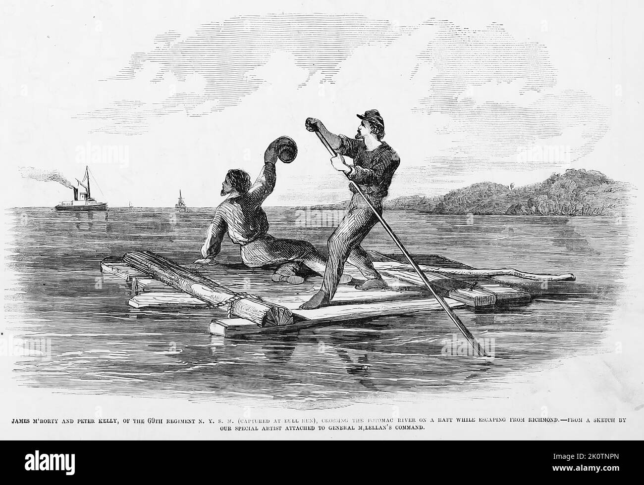 James McRorty et Peter Kelly, de la Milice de l'État de New York du 69th Regiment (capturé à Bull Run), traversent la rivière Potomac sur un radeau tout en s'échappant de Richmond, en Virginie. Octobre 1861. Illustration de la guerre de Sécession américaine du 19th siècle tirée du journal illustré de Frank Leslie Banque D'Images