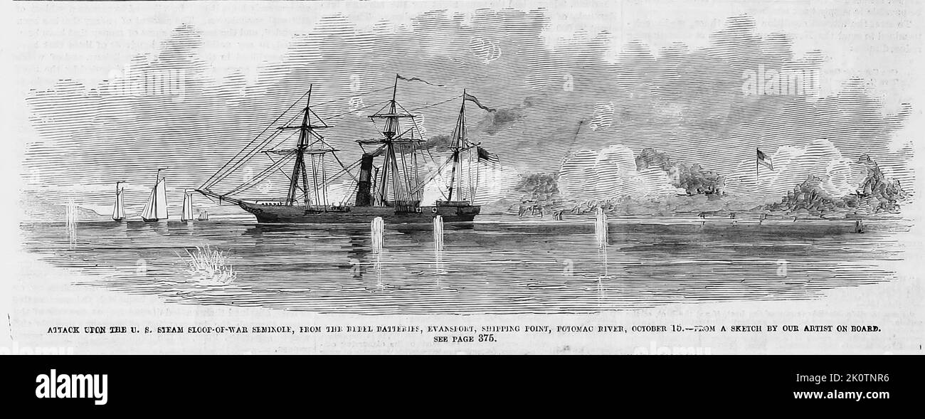 Attaque contre la boucle de vapeur américaine Seminole, des batteries Rebel, Evansport, Virginie, Shipping point, Potomac River, 15 octobre 1861. Illustration de la guerre de Sécession américaine du 19th siècle tirée du journal illustré de Frank Leslie Banque D'Images