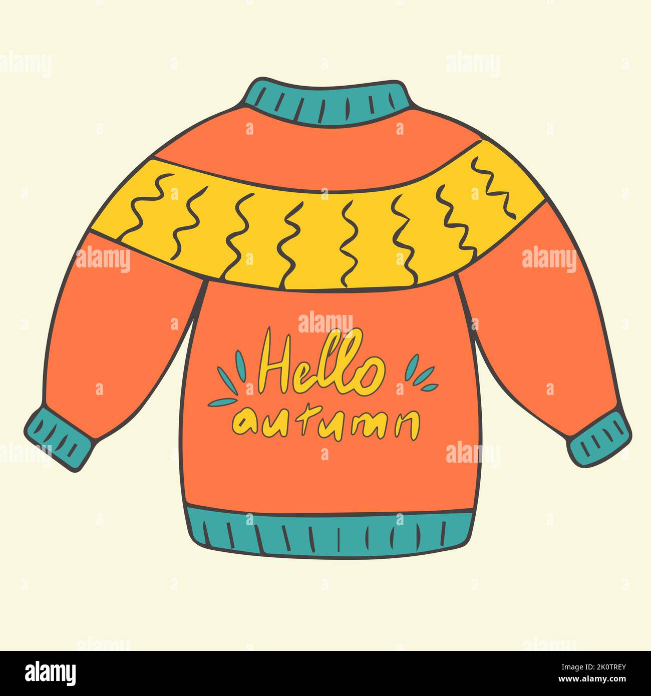 Bonjour, automne. Pull chaud en maille pour l'automne. Bannière, affiche ou design avec place pour le texte. Dessiné à la main dans un style de caniche. Isolé Illustration de Vecteur