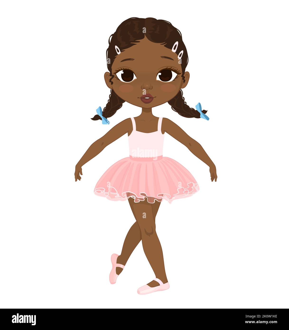 Adorable dancing de fille de ballerine afro-américaine. Petite fille à peau foncée en robe Tutu rose et pointe Illustration de Vecteur