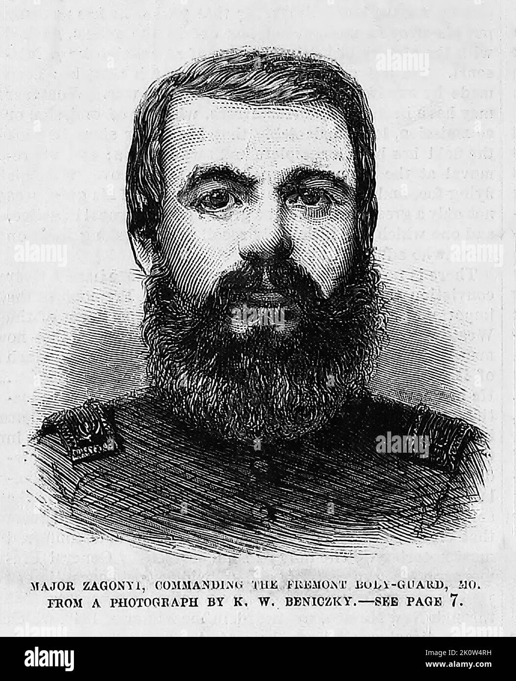 Portrait du major Charles Zagonyi, commandant le Fremont Bodyguard. 1861. Illustration de la guerre de Sécession de 19th siècle dans le journal illustré de Frank Leslie Banque D'Images