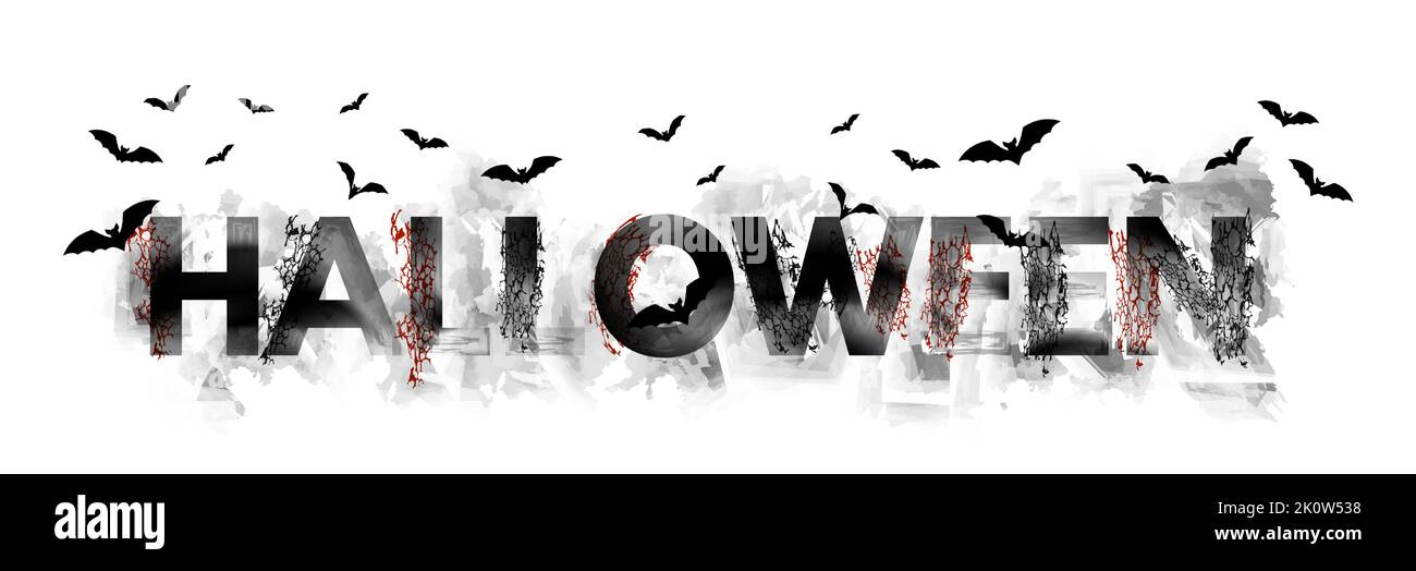 Joyeux Halloween avec texte vectoriel Bat Swarm. Mystérieuses lettres lugubres Illustration de Vecteur