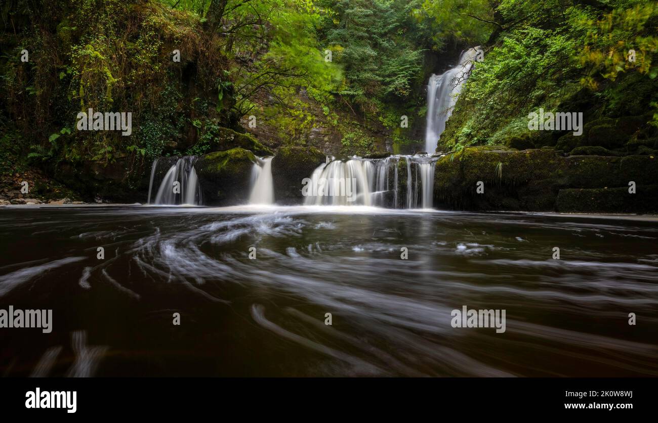 Sgwd Einion Gam en plein débit, une cascade difficile à atteindre, en amont de la Sgneath Gwladius, plus accessible, tombe à Glynneath, au sud du pays de Galles, au Royaume-Uni. Banque D'Images