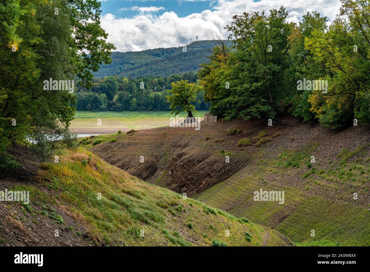 Le lac Edersee, près de Waldeck, le troisième plus grand réservoir d'Allemagne, est actuellement à un peu moins de 13 % de son niveau normal; la dernière fois que le lac était plein, c'était Banque D'Images