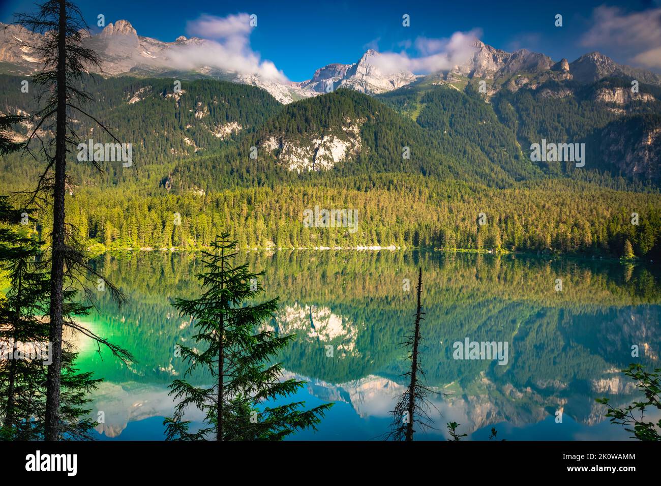 Symétrie de réflexion du lac Tovel dans le Trentin-Haut-Adige, Dolomites, Italie Banque D'Images