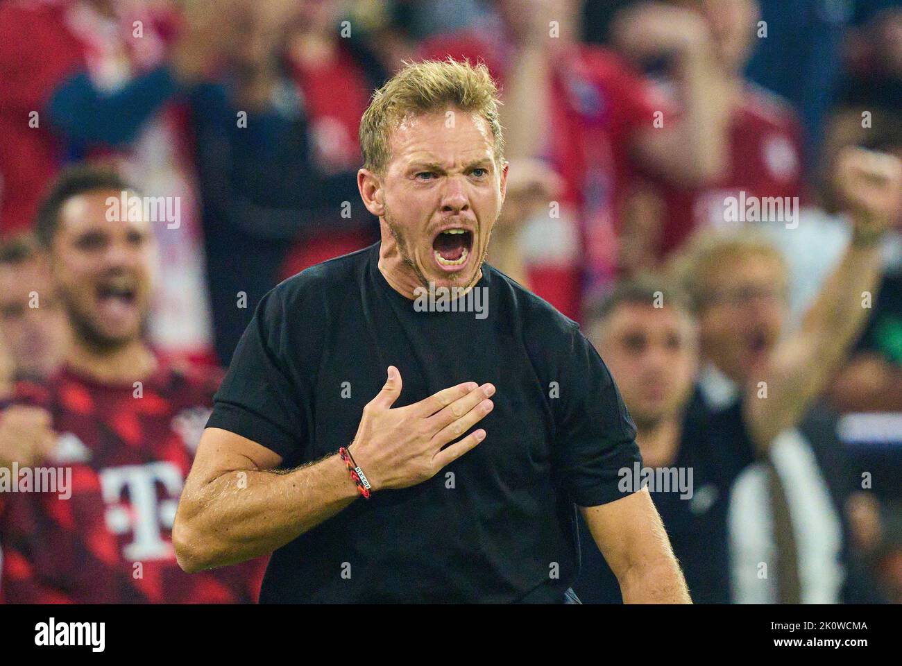 Munich, Allemagne. 13th septembre 2022. Le formateur Julian Nagelsmann (FCB), chef d'équipe, coach, célèbre l'objectif 1-0, Joyeux, rire, célébration, dans le match FC BAYERN MUENCHEN - FC BARCELONE de football UEFA Champions League, groupe, groupe C, match jour 2, en saison 2022/2023 à Munich, 13 sept. 2022. Gruppenphase, FCB crédit: Peter Schatz/Alay Live News Banque D'Images