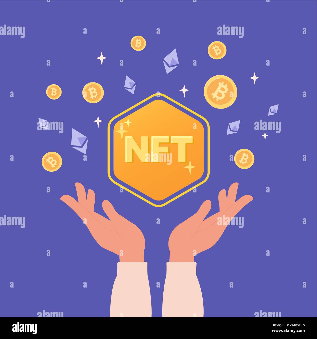 Illustration NFT. Les mains tiennent nft, autour de laquelle il y a des bitcoins et des pièces éthérées. Art vectoriel moderne de style plat sur fond violet. Illustration de Vecteur