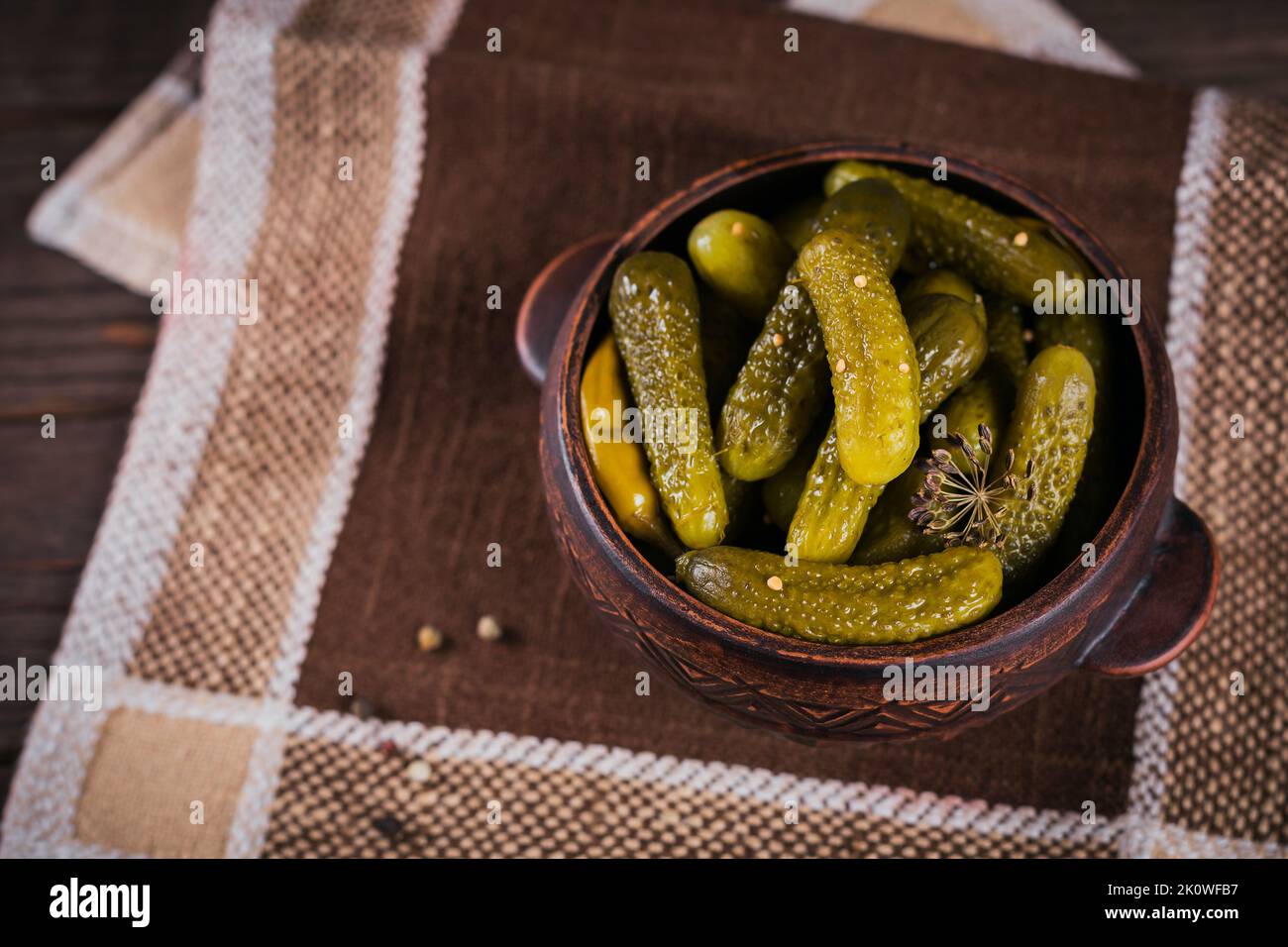 Conserver les concombres marinés, les assaisonnements et l'ail sur une table en bois. Aliments fermentés sains. Légumes en conserve à la maison. Banque D'Images