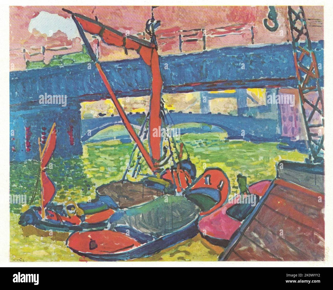 Sous le pont de Londres, 1906. Peinture par André Derain. André Derain est surtout connu pour ses contributions aux développements du Fauvism et du Cubisme, deux mouvements d'avant-garde depuis le début du siècle 20th. Derain est né sur 17 juin 1880 à Chatou, juste à l'extérieur de Paris. Il commence sa formation en assistant à des cours de peinture sous la direction du symboliste français Eugène carrière à l'Académie carrière (1898-1899). Pendant son séjour à l'école, il frise Henri Matisse, et en 1900, il rencontre Maurice de Vlaminck, avec qui il partage plus tard un studio. Les trois ont souvent peint ensemble, et étaient des figures instrumentales dans Banque D'Images