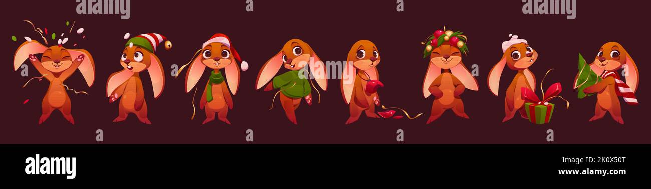 Ensemble mignon de personnages de dessin animé de lapin de Noël. Lapin de Noël drôle en chapeau de père Noël, foulard vert, chandail avec boîte cadeau, sapin et confetti. Personnage des animaux fêtez les vacances d'hiver, illustration vectorielle Illustration de Vecteur