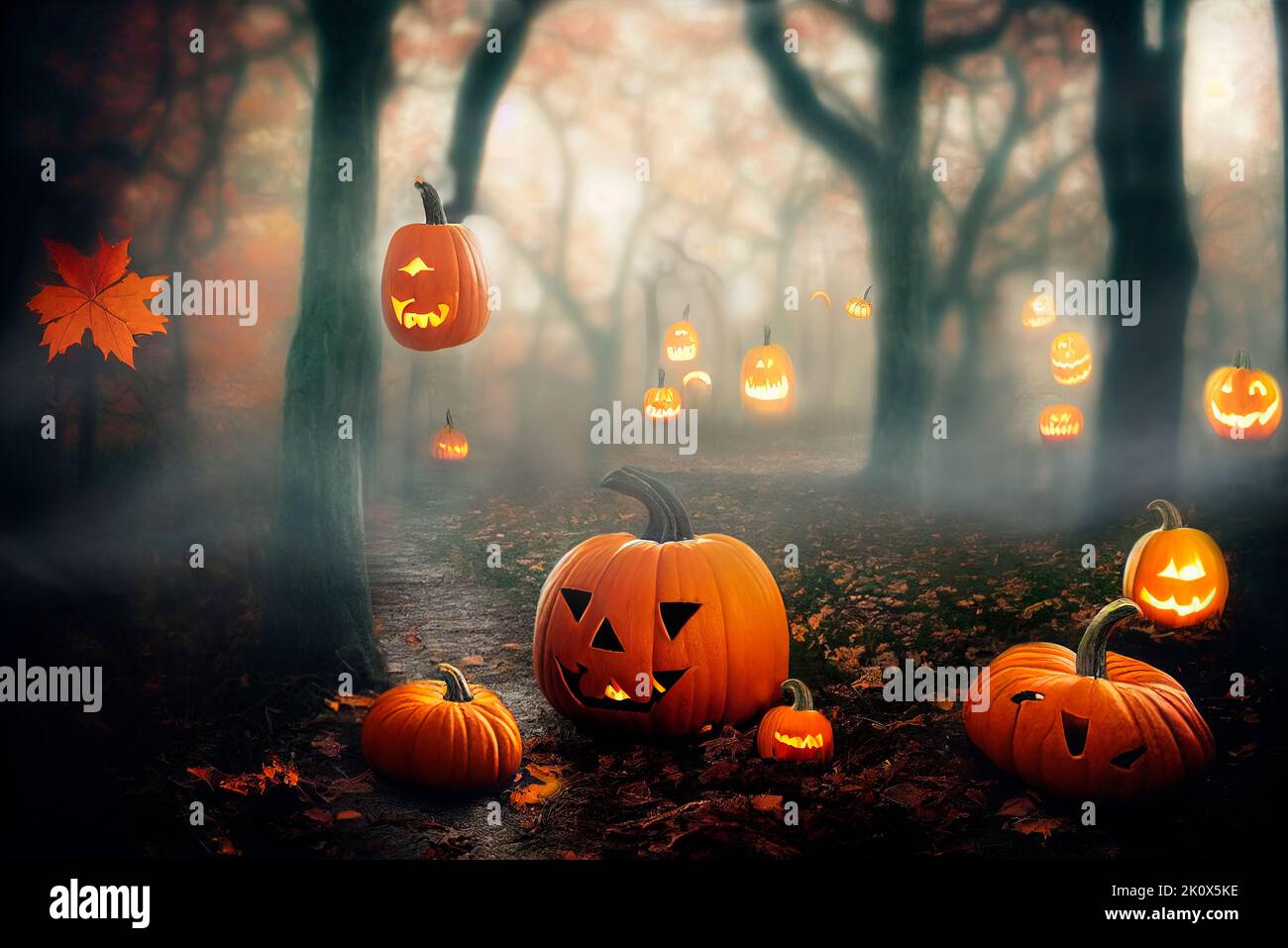 Des citrouilles effrayantes pour halloween dans une forêt magique effrayante. Jack'o'Lantern en bois sombre. Scène de nuit d'automne avec brume, arbres nus, feuilles d'érable et citrouilles d'automne Banque D'Images