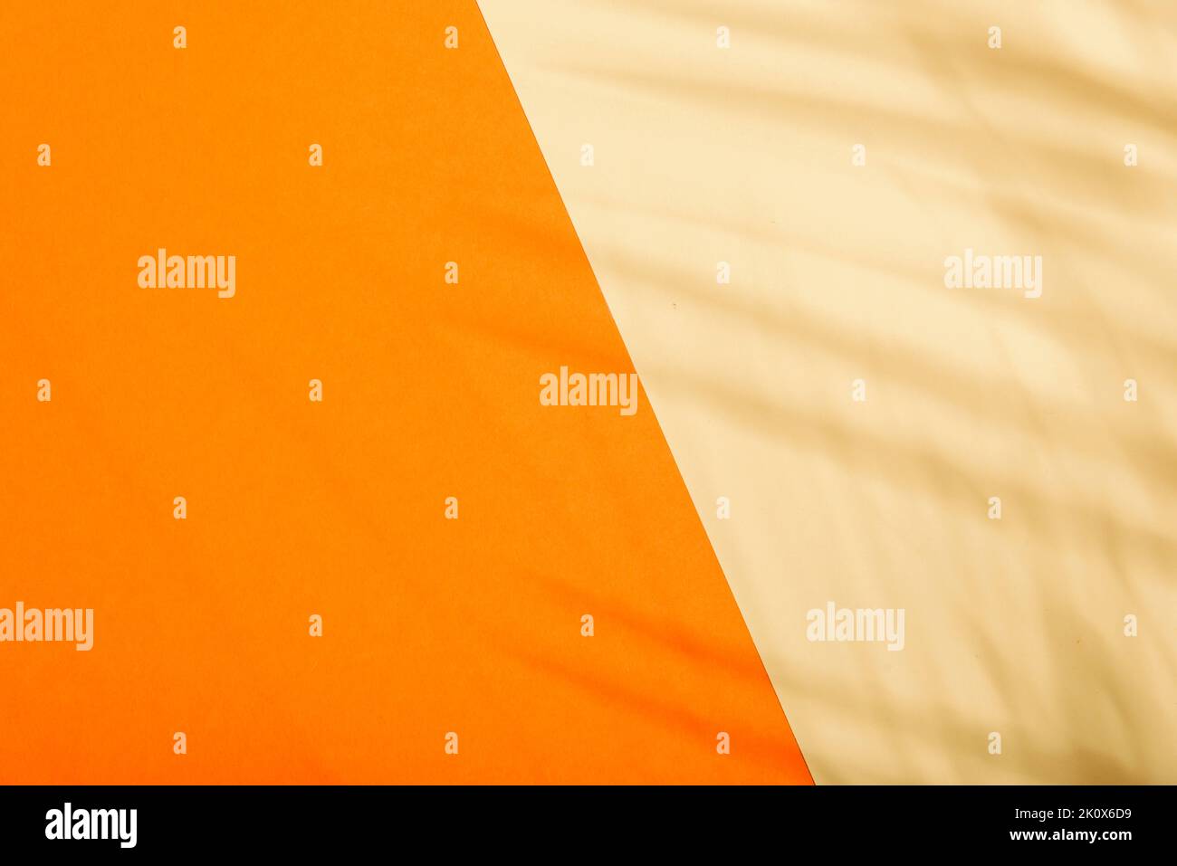 Arrière-plan orange et beige de couleur estivale avec ombre tropicale au palmier. Deux papiers pastel tendance et couleurs exotiques. Couche plate minimale avec feuilles Banque D'Images