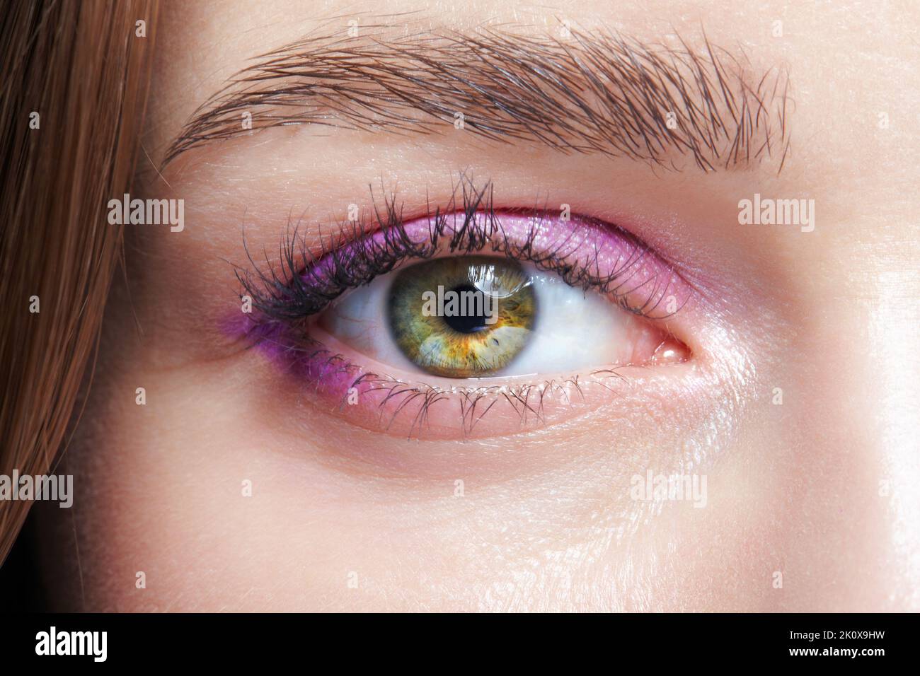 Gros plan de l'œil féminin humain. Femme avec le maquillage naturel de beauté de visage de vogue de soirée. Fille avec une peau parfaite et des yeux roses fumés ombres à paupières. Banque D'Images