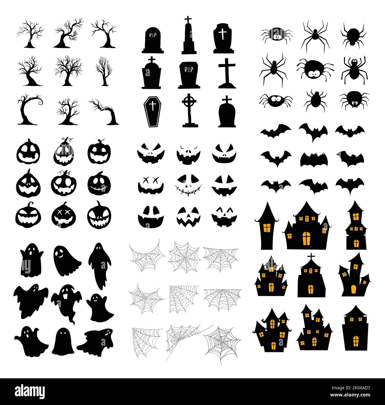 Ensemble silhouette Halloween. Collection d'icônes et d'éléments d'halloween isolés sur fond blanc. Illustration de Vecteur