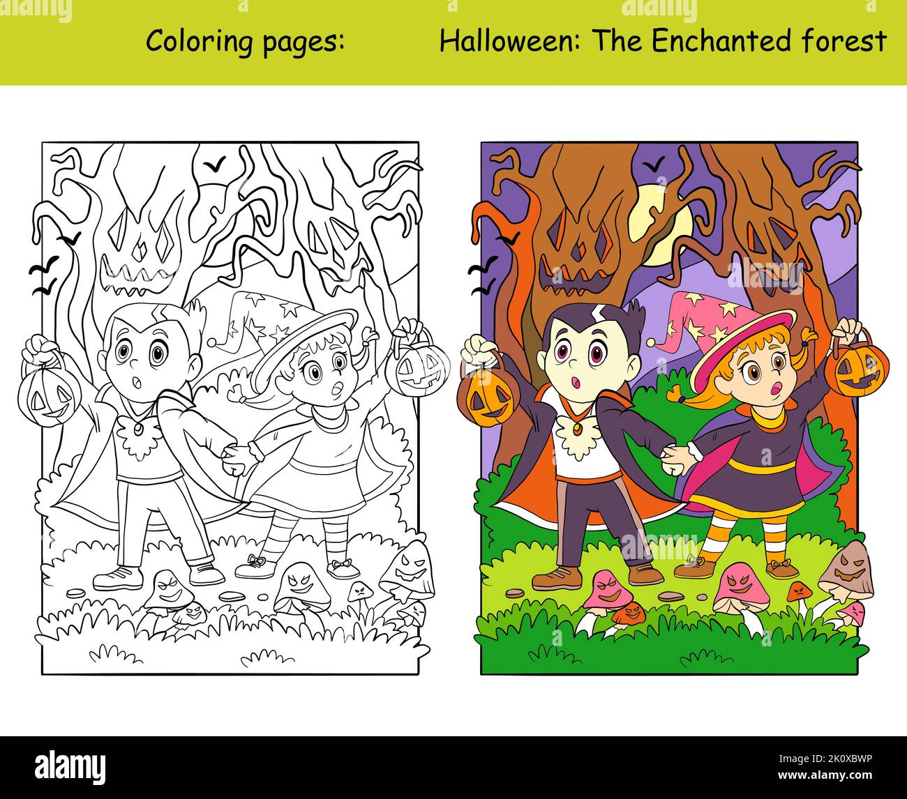 Des enfants effrayés dans des costumes de vampire et de sorcière dans une forêt enchantée. Concept Halloween. Modèle de couleurs et de couleurs pour enfants. Illustrateur de dessin animé vectoriel Illustration de Vecteur