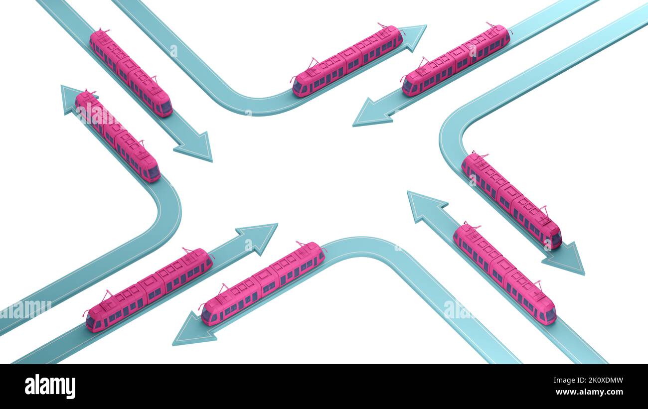 tram rose sur des flèches de différentes directions isolées sur blanc. 3d rendu Banque D'Images