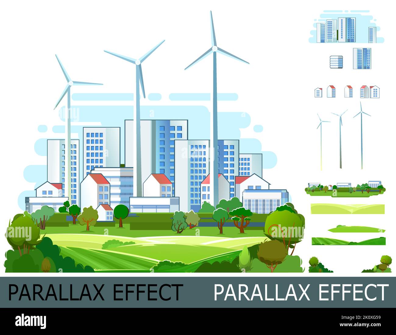 Générateur d'énergie éolienne. Village confortable de banlieue. Style dessin animé plat. Isoler. Image des calques pour une superposition avec effet de parallaxe. Un environnement Illustration de Vecteur