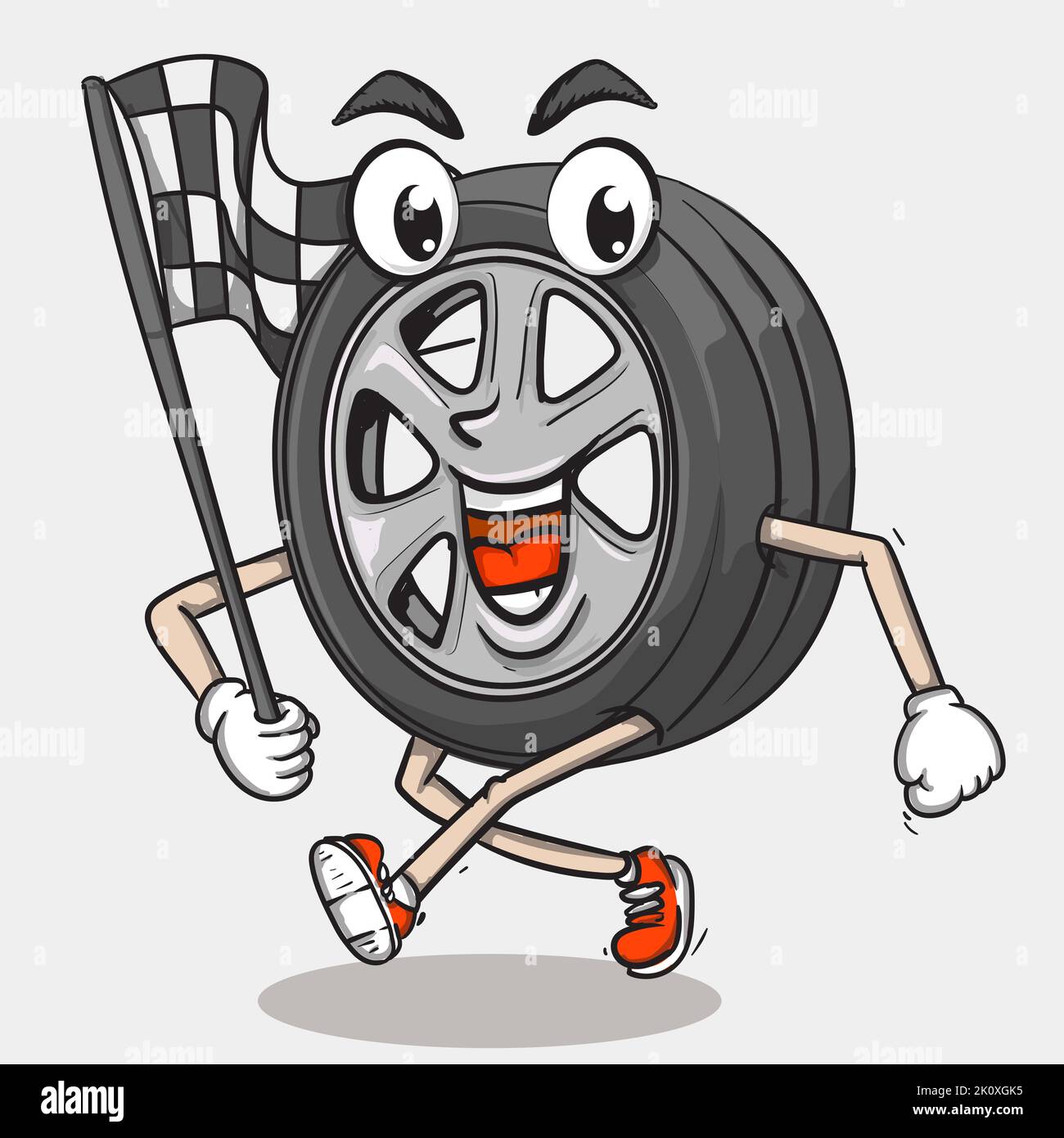 sourire visage pneu caractère course à pied tenant drapeau de course. funky pneu mascotte illustration d'icône Illustration de Vecteur