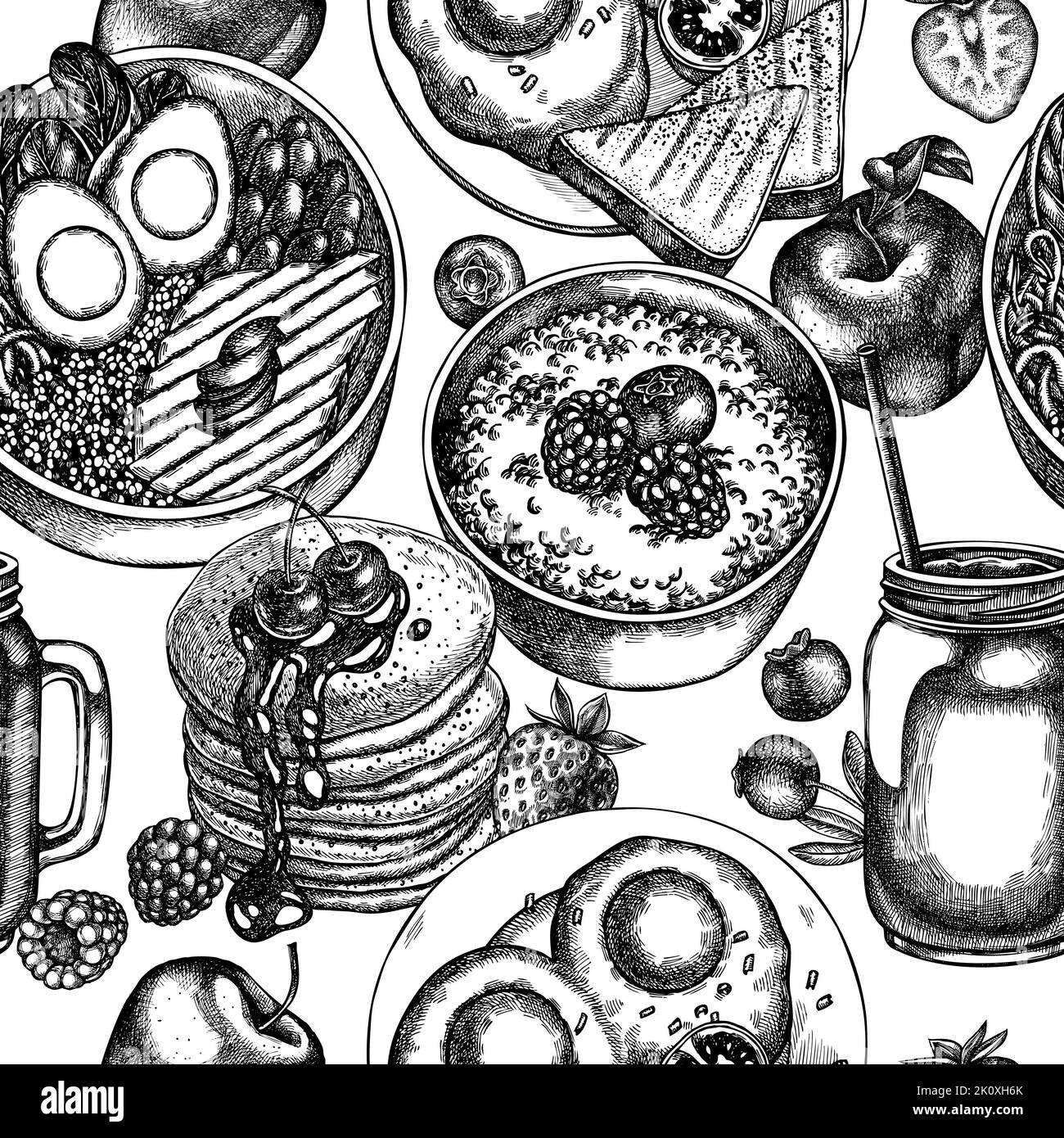 Motif de fond sans couture pour le petit déjeuner. Style gravé. Crêpes dessinées à la main, bol avec avocat, porridge avec baies, oeufs frits, framboise Illustration de Vecteur