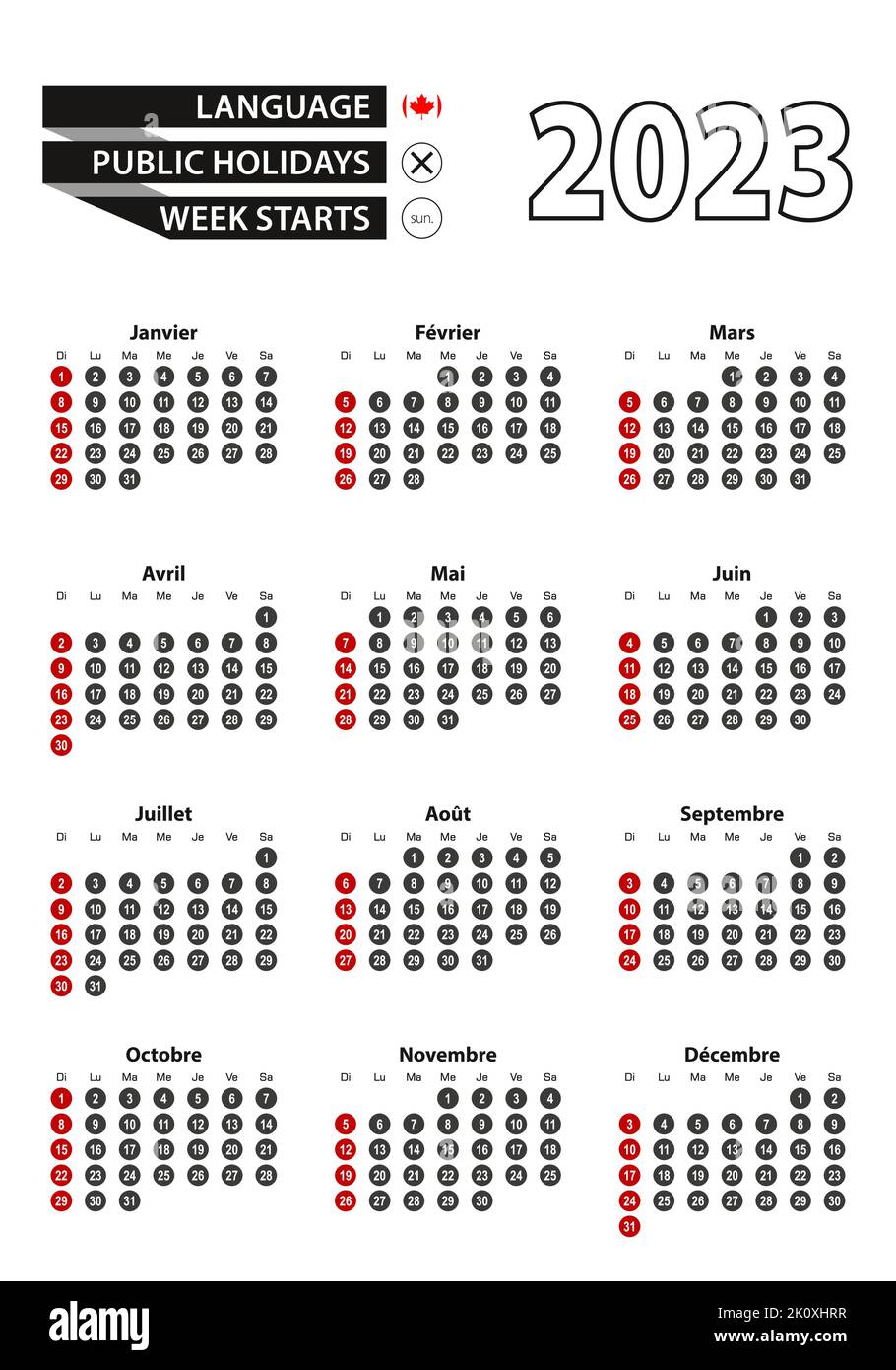 Calendrier français 2023 avec des chiffres en cercles, la semaine commence le dimanche. 2023 avec drapeau de l'illustration Canada Vector. Illustration de Vecteur