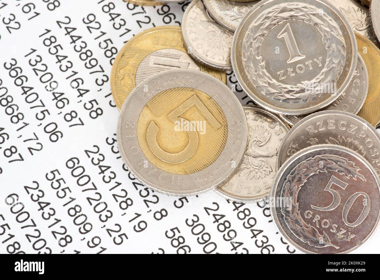 Coins Polish Zloty PLN et une feuille de calcul Banque D'Images
