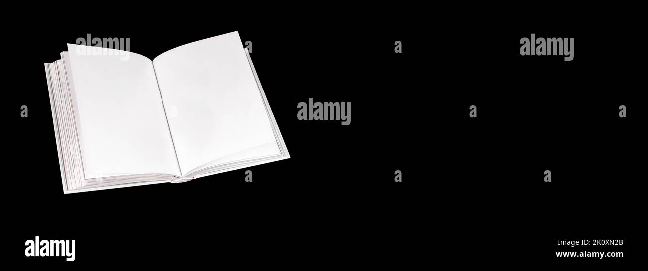 Bannière avec maquette de livre ouverte isolée sur fond noir. Lecture, éducation, sagesse, concept d'intelligence. Modèle original avec pages blanches vides. PL Banque D'Images