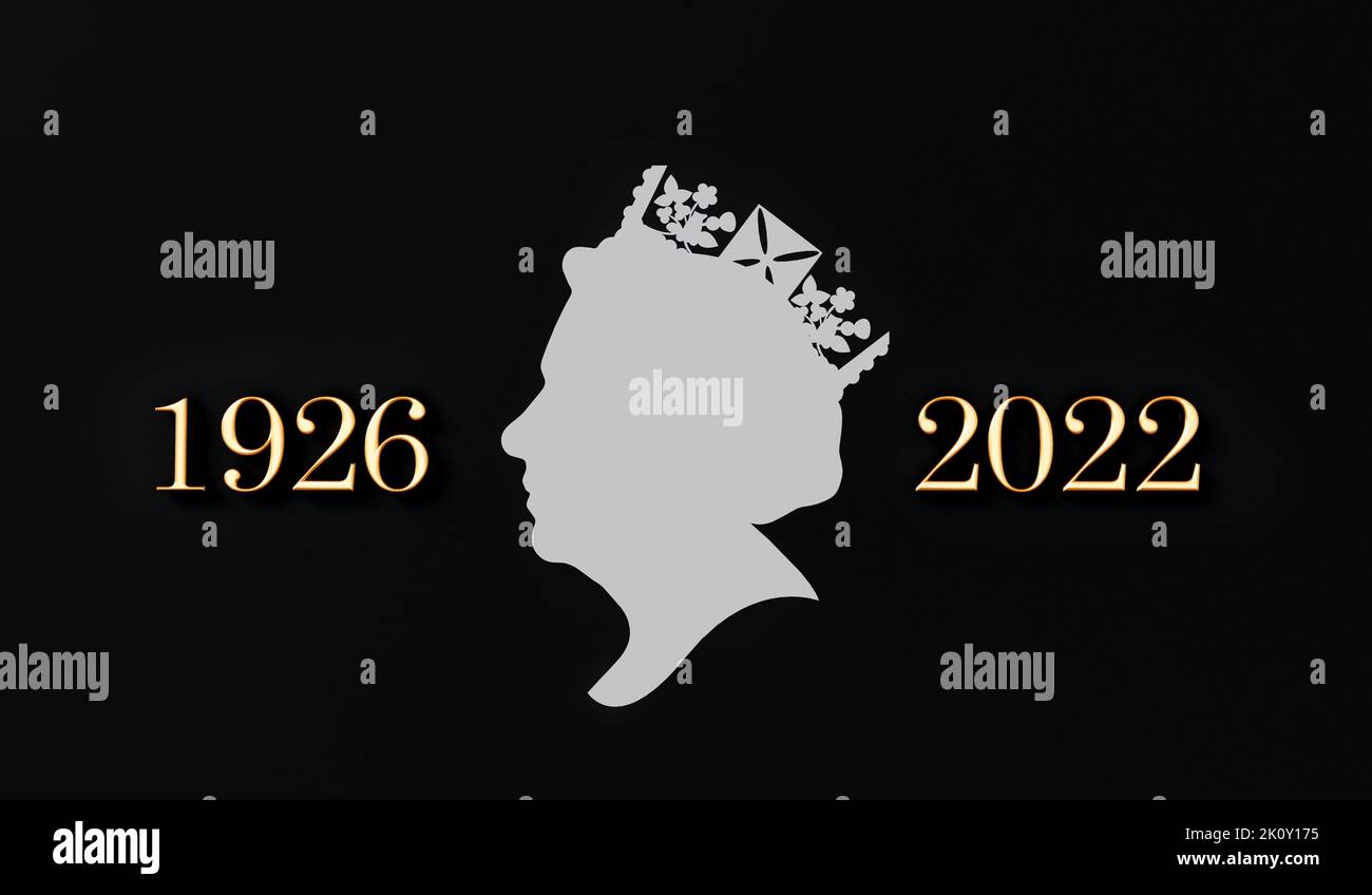 LONDRES, Royaume-Uni - septembre 2022 : une affiche commémorative de la reine Elizabeth II avec des dates de naissance et de décès. 3D rendu Banque D'Images