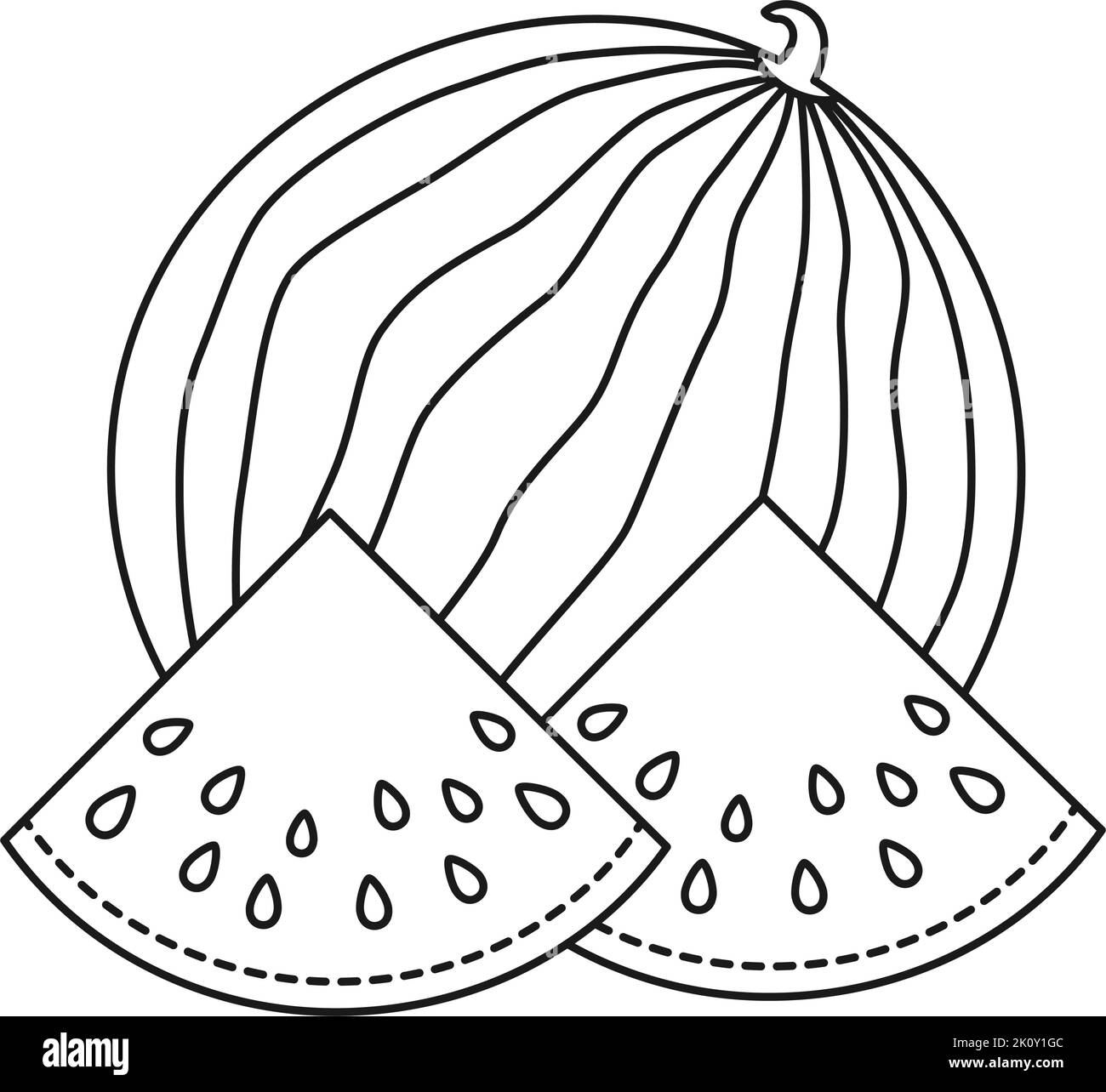 Line art noir et blanc poster melon d'eau fraîche page de livre de coloriage alimentaire d'été végétalien sain pour adultes et enfants Illustration vectorielle pour icône, timbre, Illustration de Vecteur