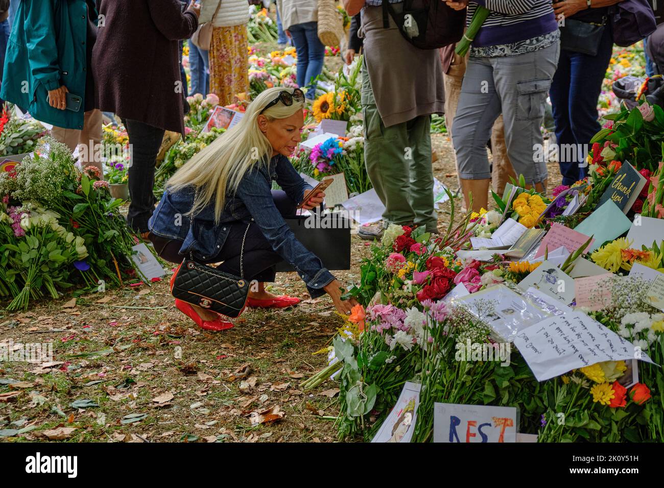 Femme en vêtements de designer pose des fleurs à Green Park après la mort de la Reine Banque D'Images