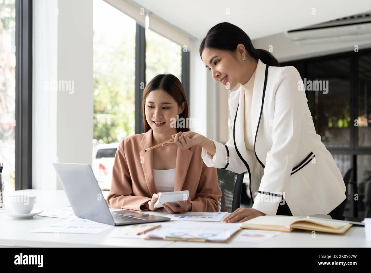 Jeune femme d'affaires conseiller debout devant l'ordinateur portable et donnant des conseils à la femme de vente. Services de conseillers professionnels au bureau. Banque D'Images