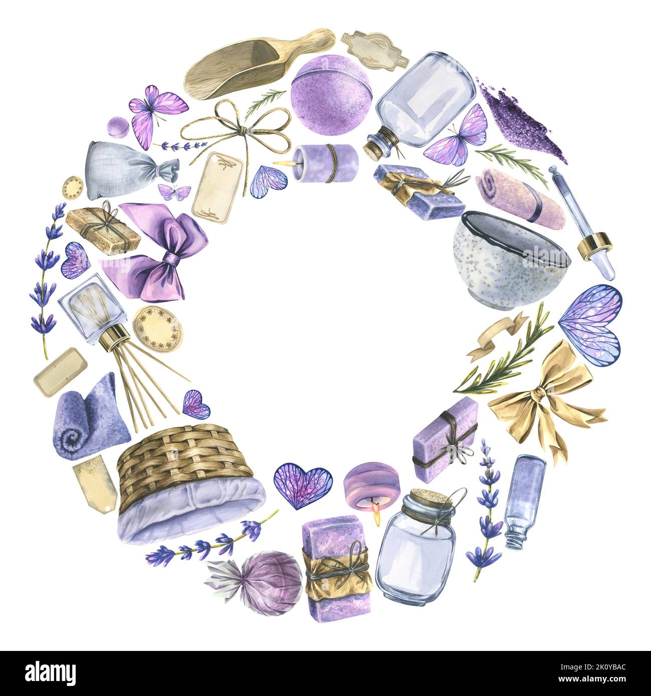 Articles faits à la main pour LE SPA, le bain, les cosmétiques. Illustration aquarelle, cadre rond, d'un grand ensemble de spa lavande. Pour l'arrière-plan, le logo, la publicité Banque D'Images
