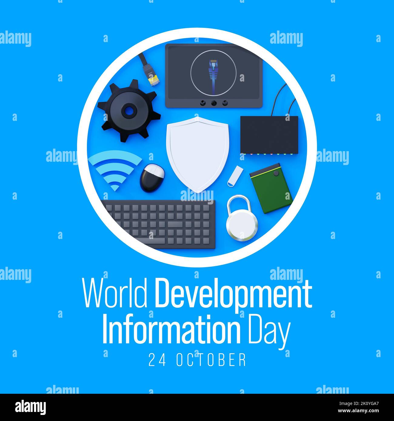 La Journée mondiale de l'information sur le développement est célébrée chaque année sur 24 octobre, afin d'attirer l'attention du monde sur les problèmes de développement. 3D rendu Banque D'Images