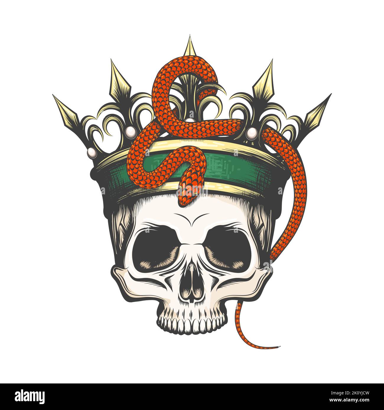 Tatouage de crâne humain dans la couronne et le serpent isolé sur blanc. Illustration vectorielle. Illustration de Vecteur