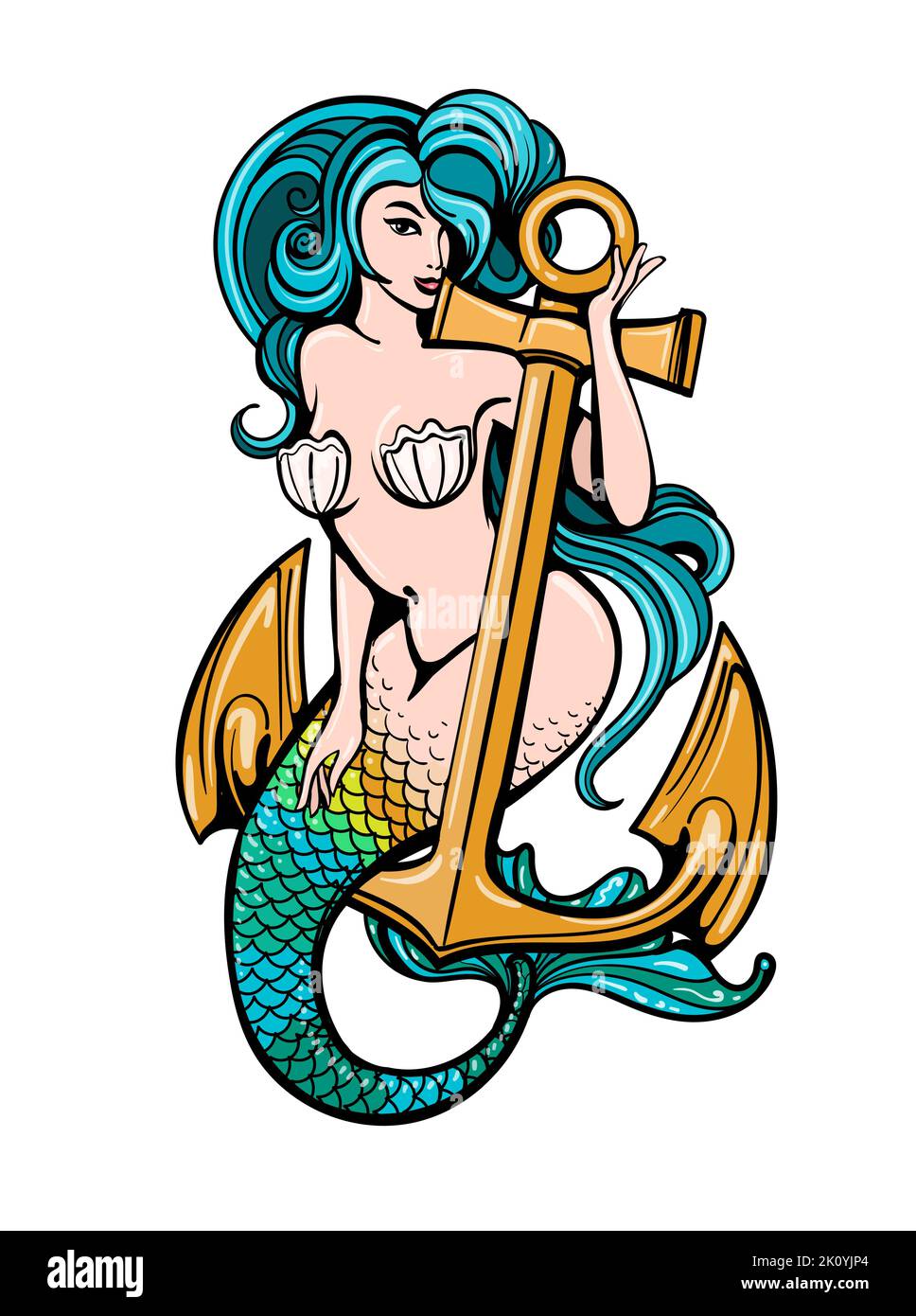 Mermaid sur l'ancre de bateau coloré Tattoo isolé sur fond blanc. Illustration vectorielle. Illustration de Vecteur
