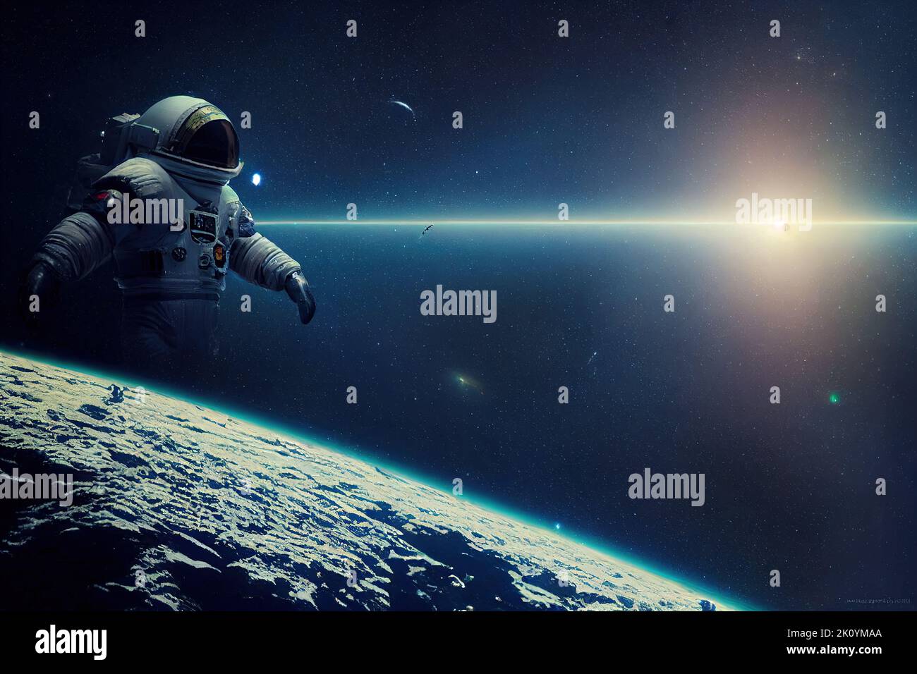 Un astronaute dans l'exploration spatiale avec paysage de fiction Banque D'Images